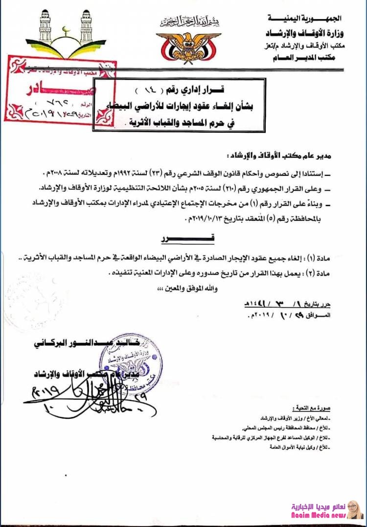 الأوقاف تلغي عقود الايجار في الساحات الملاصقة للقباب والمساجد الاثرية