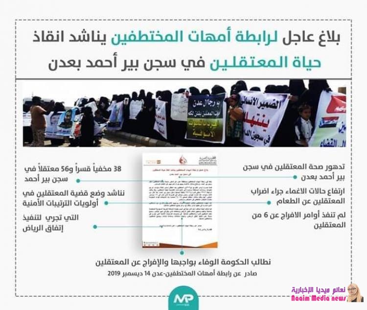 بلاغ عاجل لرابطة أمهات المختطفين يناشد انقاذ حياة المعتقلين في سجن بير أحمد بعدن