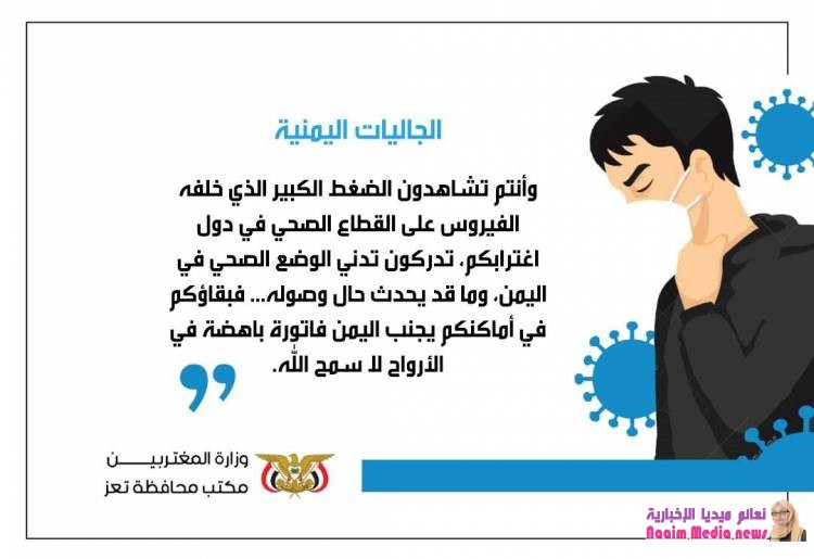 مكتب المغتربين بتعز يطلق حملة توعوية بمخاطر وباء كورونا ودور المغتربين في تجنيب البلد وصوله