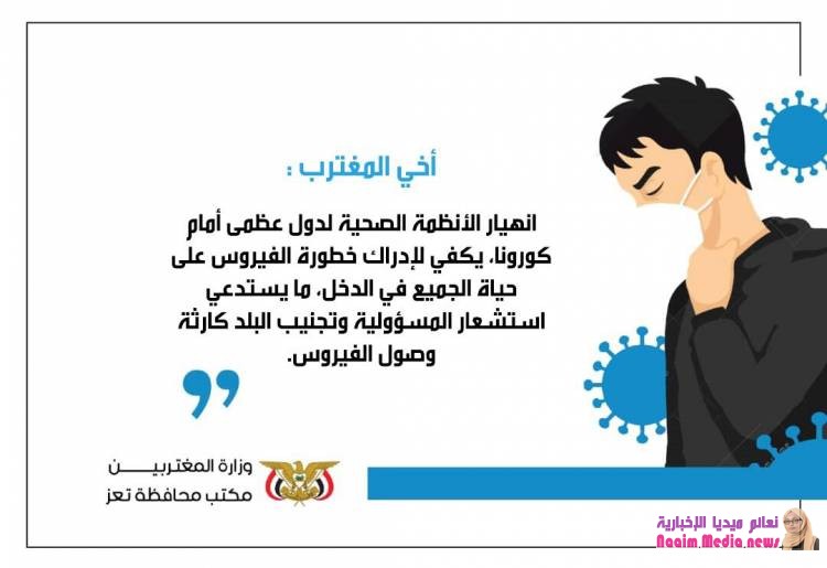 مكتب المغتربين بتعز يطلق حملة توعوية بمخاطر وباء كورونا ودور المغتربين في تجنيب البلد وصوله