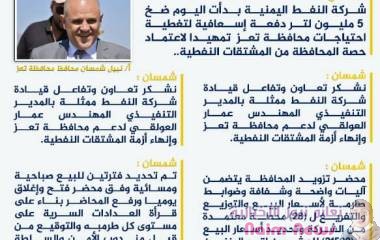 محافظ تعز : شركة النفط تزود المحافظة ب 5 مليون لتر إسعافي من الوقود لتغطية الاحتياجات